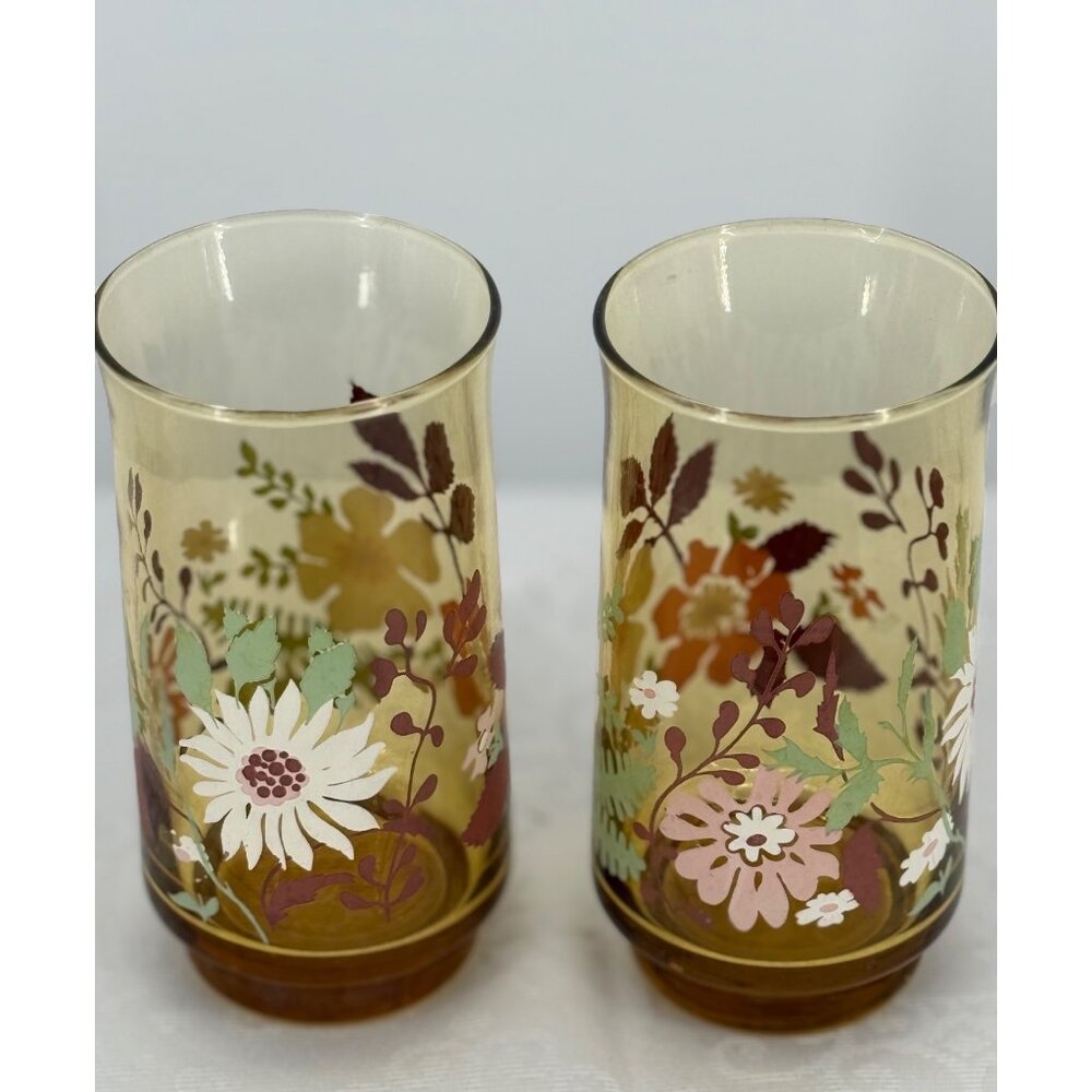 Vintage Floral Amber Patterned Glass Tumblers Set Of 2